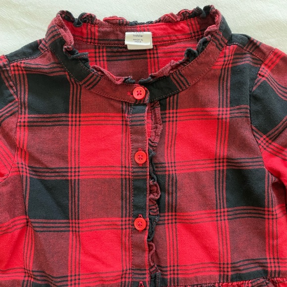 Red/black plaid button down dress with ruffle collar - Picture 2 of 5